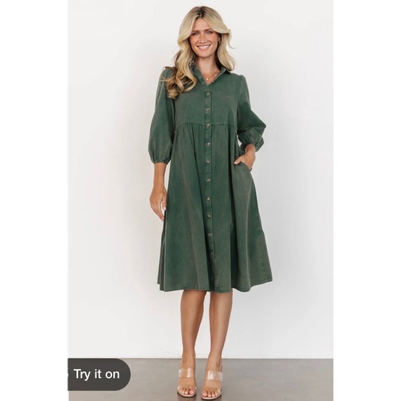 Baltic Born Dresses & Skirts - Baltic Born Green Button Down Midi Dress Empire Waist Puff Sleeve Pockets Small